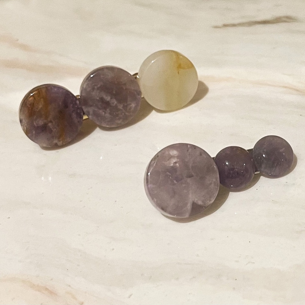 Set of 2 Luxury Hair Clips with Round Amethyst and Agate Stone Crystals